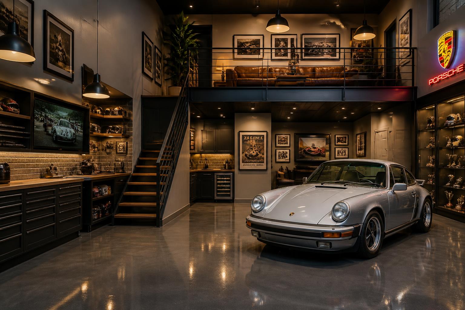 Private garage residence interior with mezzanine loft